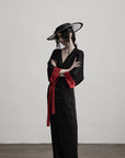 DOINDULGE Kimono Sleeve Wrap Coat with Red Contrast Cuffs and Long Tie