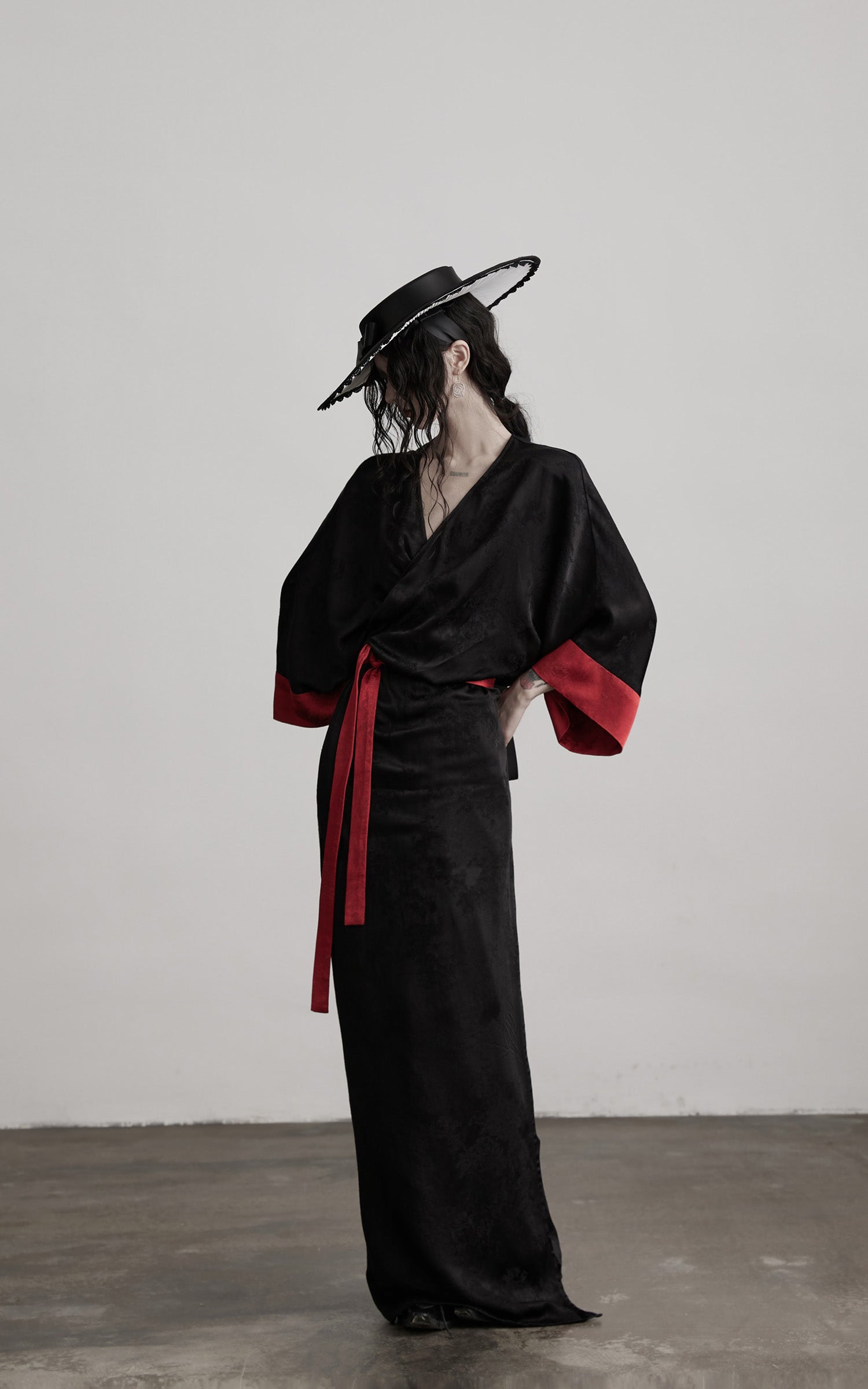 DOINDULGE Kimono Sleeve Wrap Coat with Red Contrast Cuffs and Long Tie