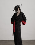 DOINDULGE Kimono Sleeve Wrap Coat with Red Contrast Cuffs and Long Tie