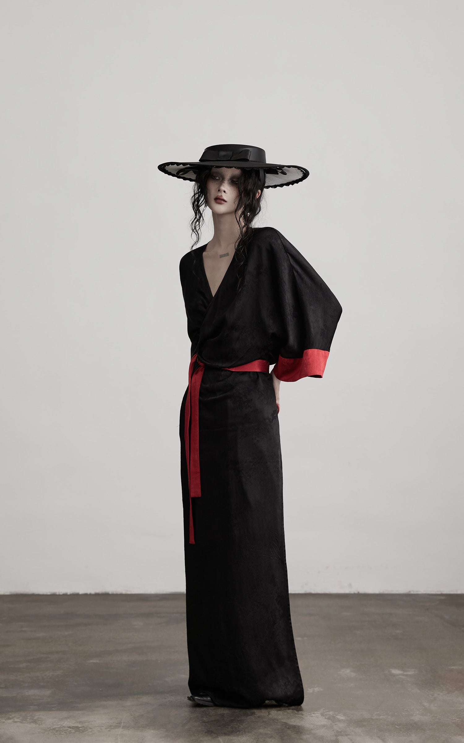 DOINDULGE Kimono Sleeve Wrap Coat with Red Contrast Cuffs and Long Tie