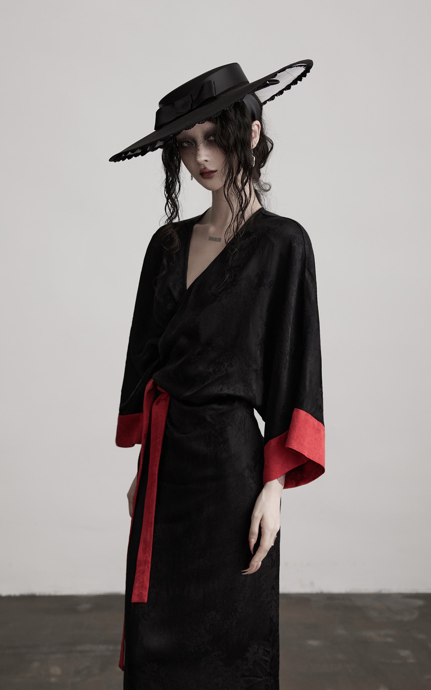 DOINDULGE Kimono Sleeve Wrap Coat with Red Contrast Cuffs and Long Tie
