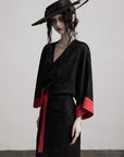 DOINDULGE Kimono Sleeve Wrap Coat with Red Contrast Cuffs and Long Tie