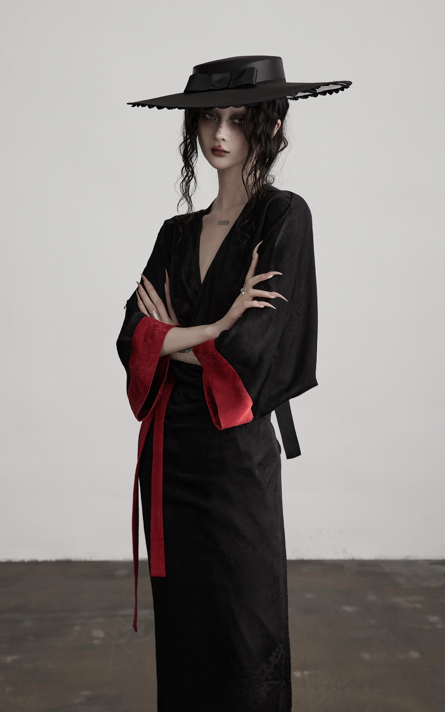 DOINDULGE Kimono Sleeve Wrap Coat with Red Contrast Cuffs and Long Tie