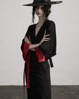 DOINDULGE Kimono Sleeve Wrap Coat with Red Contrast Cuffs and Long Tie