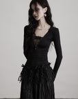 DOINDULGE Deep V Lace Detail Long Sleeve T-Shirt