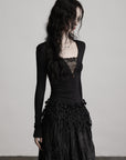 DOINDULGE Deep V Lace Detail Long Sleeve T-Shirt