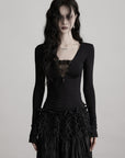 DOINDULGE Deep V Lace Detail Long Sleeve T-Shirt