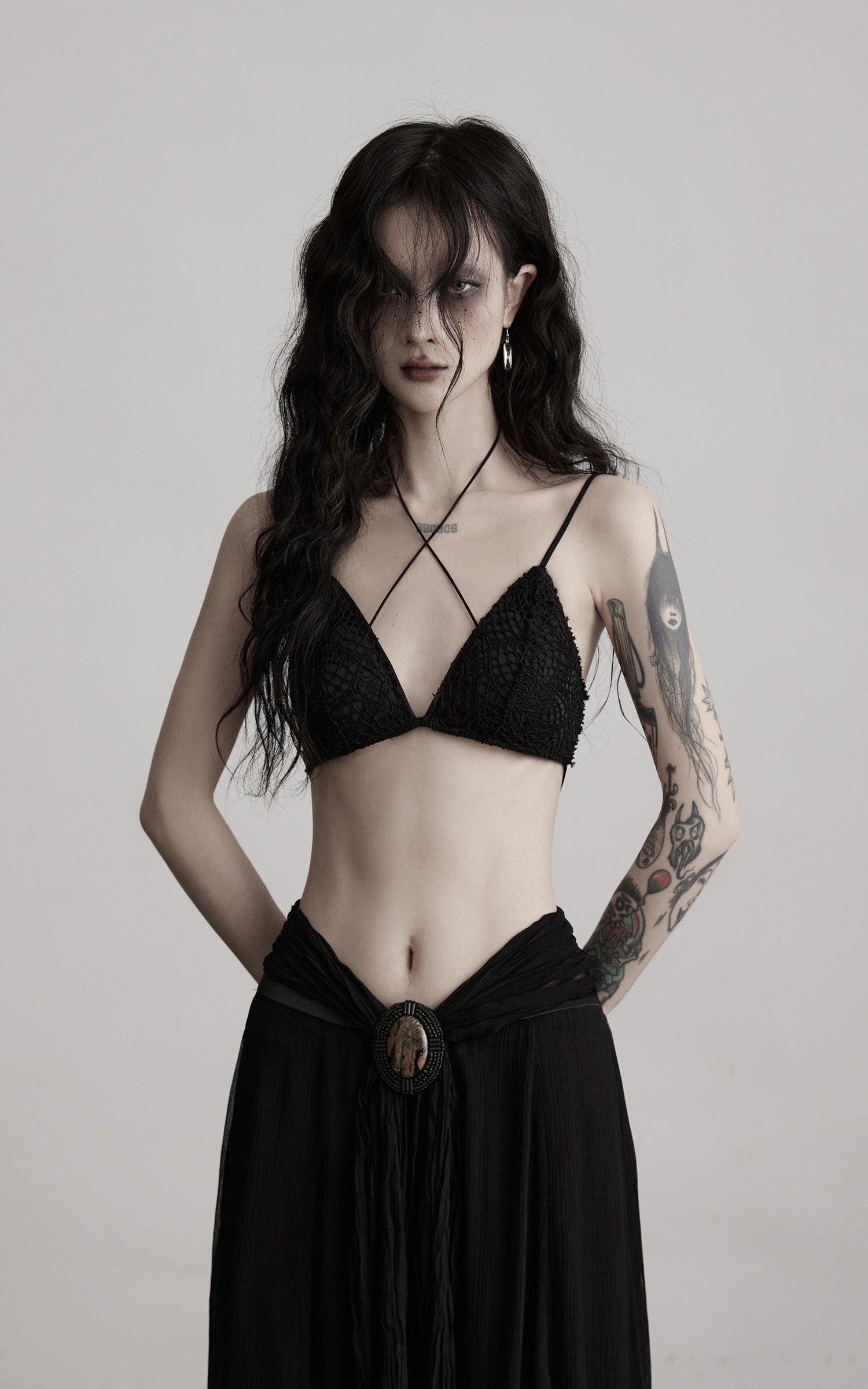 DOINDULGE Strappy Lace Bralette – Gothic Crochet Texture with Minimal Silhouette