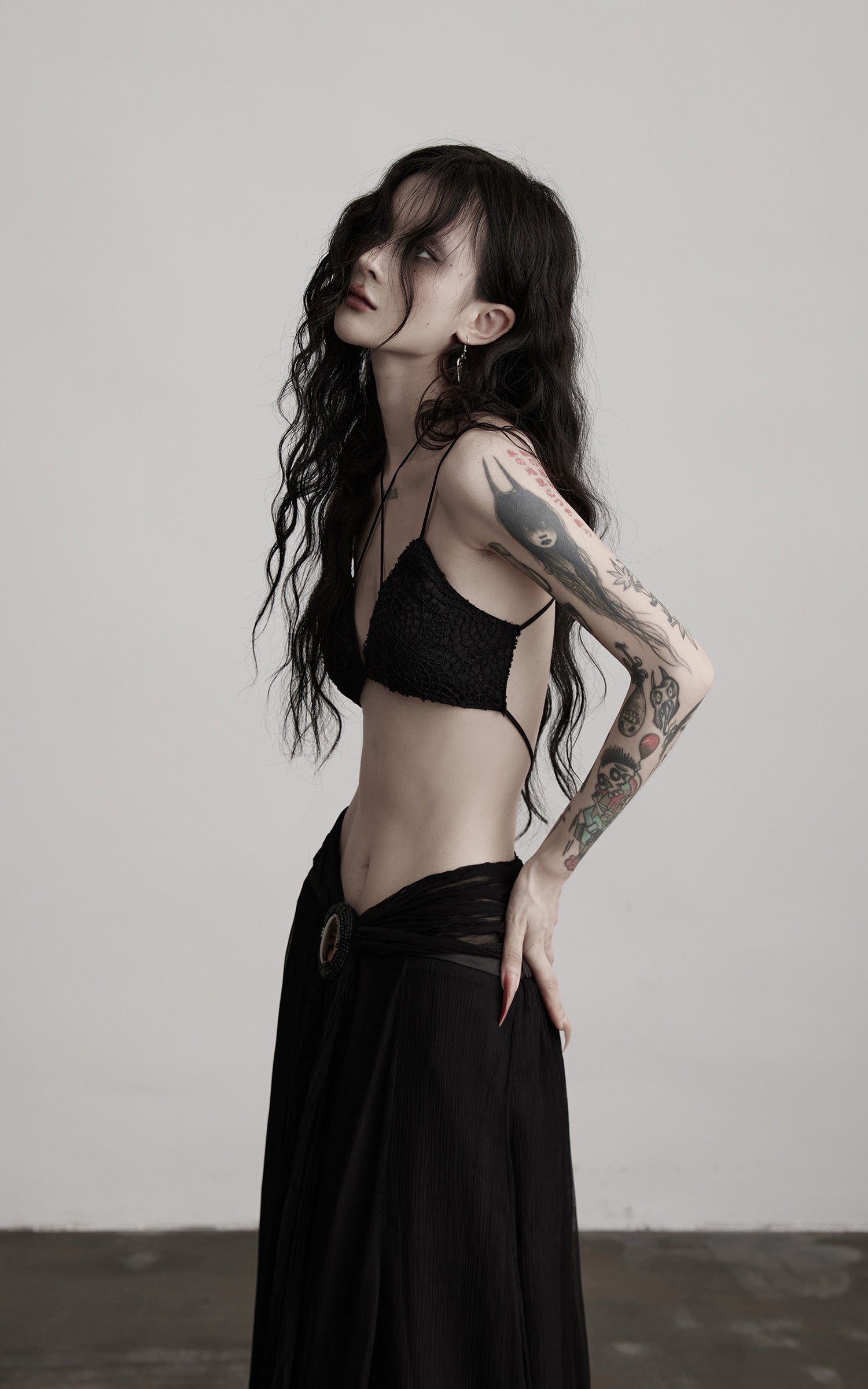 DOINDULGE Strappy Lace Bralette – Gothic Crochet Texture with Minimal Silhouette
