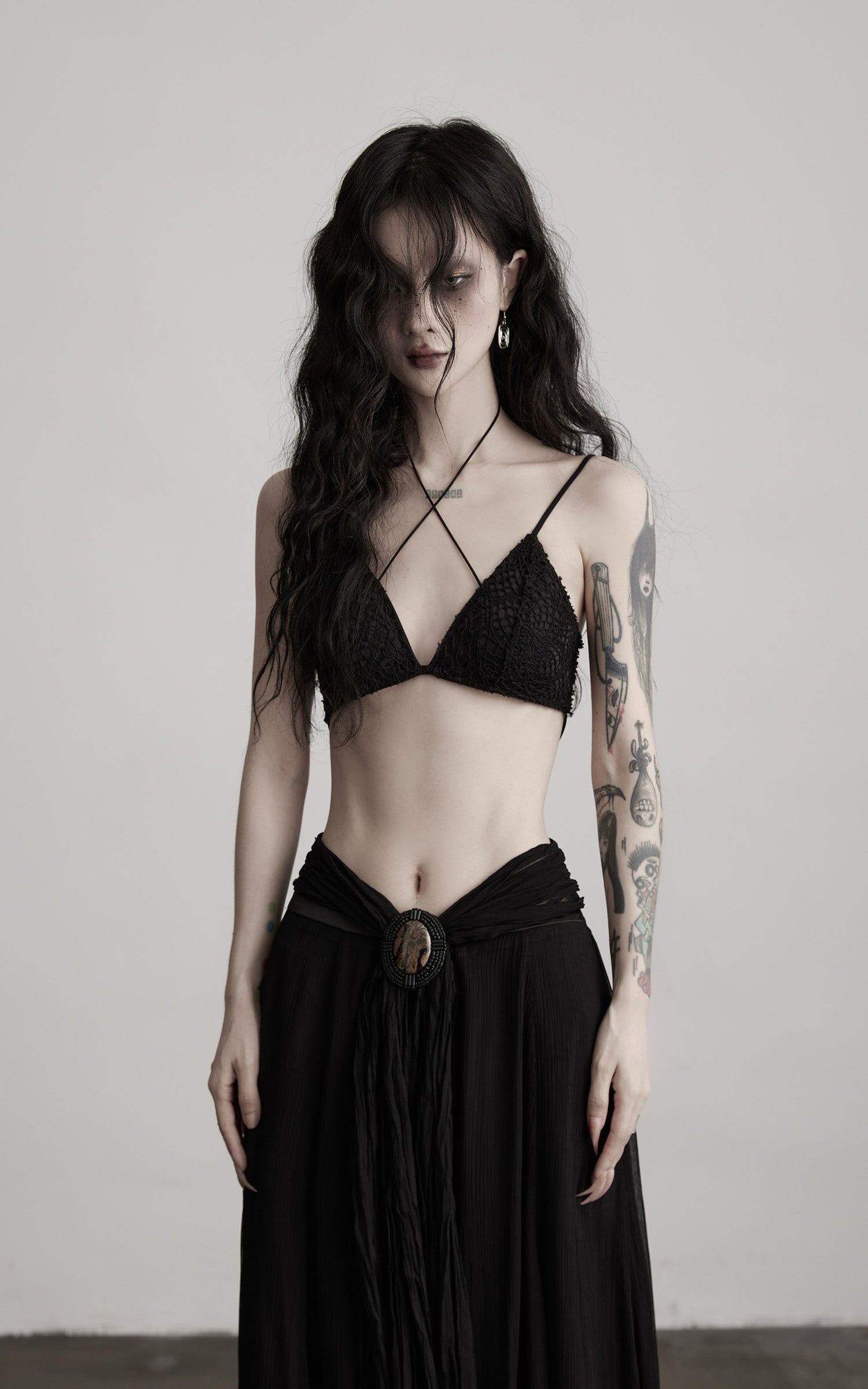 DOINDULGE Strappy Lace Bralette – Gothic Crochet Texture with Minimal Silhouette