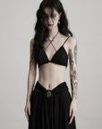 DOINDULGE Strappy Lace Bralette – Gothic Crochet Texture with Minimal Silhouette
