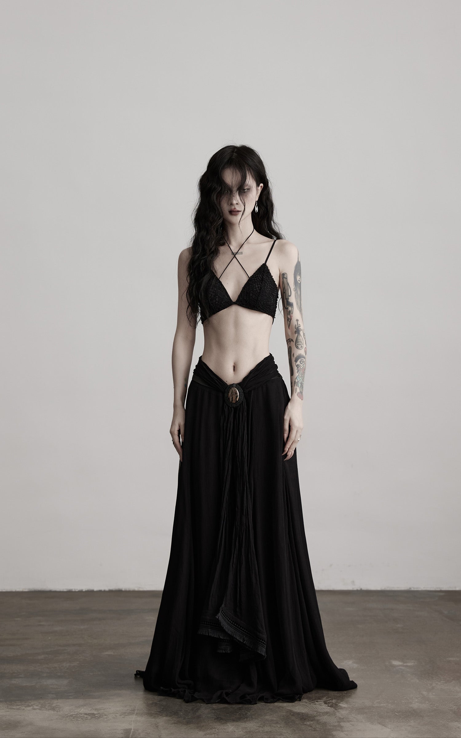 DOINDULGE Strappy Lace Bralette – Gothic Crochet Texture with Minimal Silhouette