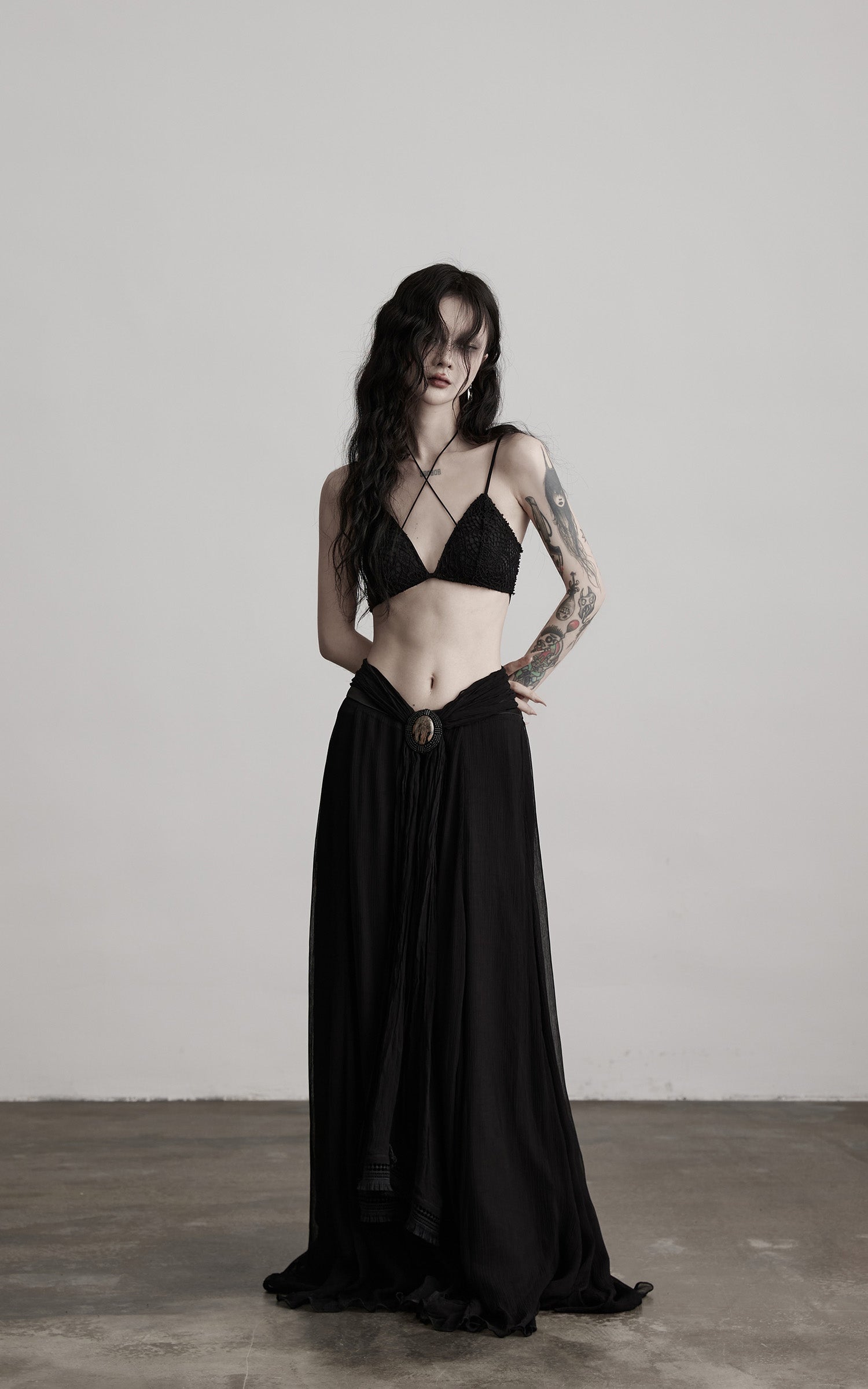 DOINDULGE Strappy Lace Bralette – Gothic Crochet Texture with Minimal Silhouette