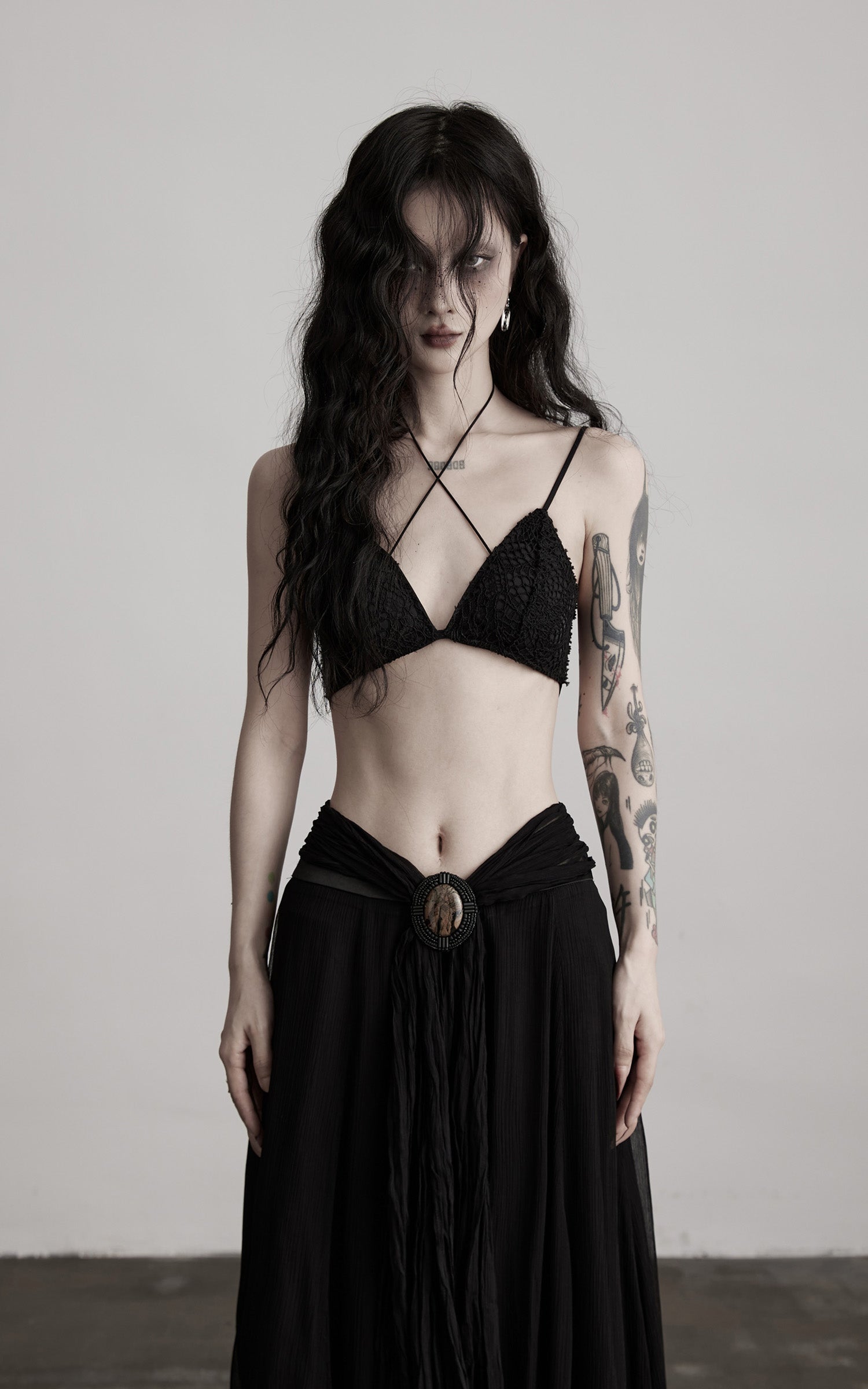 DOINDULGE Strappy Lace Bralette – Gothic Crochet Texture with Minimal Silhouette