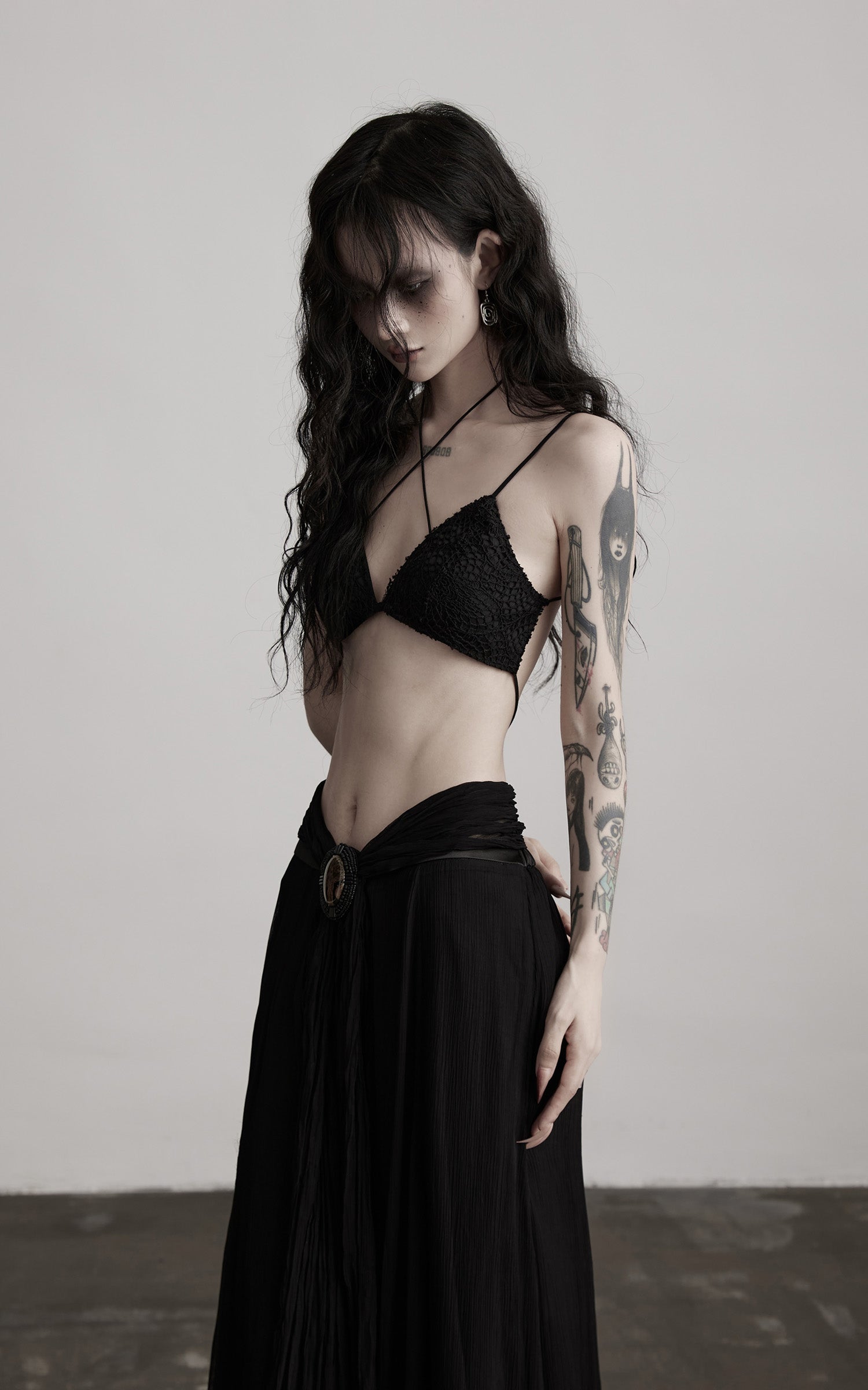 DOINDULGE Strappy Lace Bralette – Gothic Crochet Texture with Minimal Silhouette