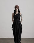DOINDULGE Asymmetric Draped Maxi Dress with Textured Fabric and Wooden Bead Detail