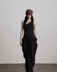 DOINDULGE Asymmetric Draped Maxi Dress with Textured Fabric and Wooden Bead Detail