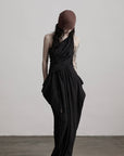 DOINDULGE Asymmetric Draped Maxi Dress with Textured Fabric and Wooden Bead Detail