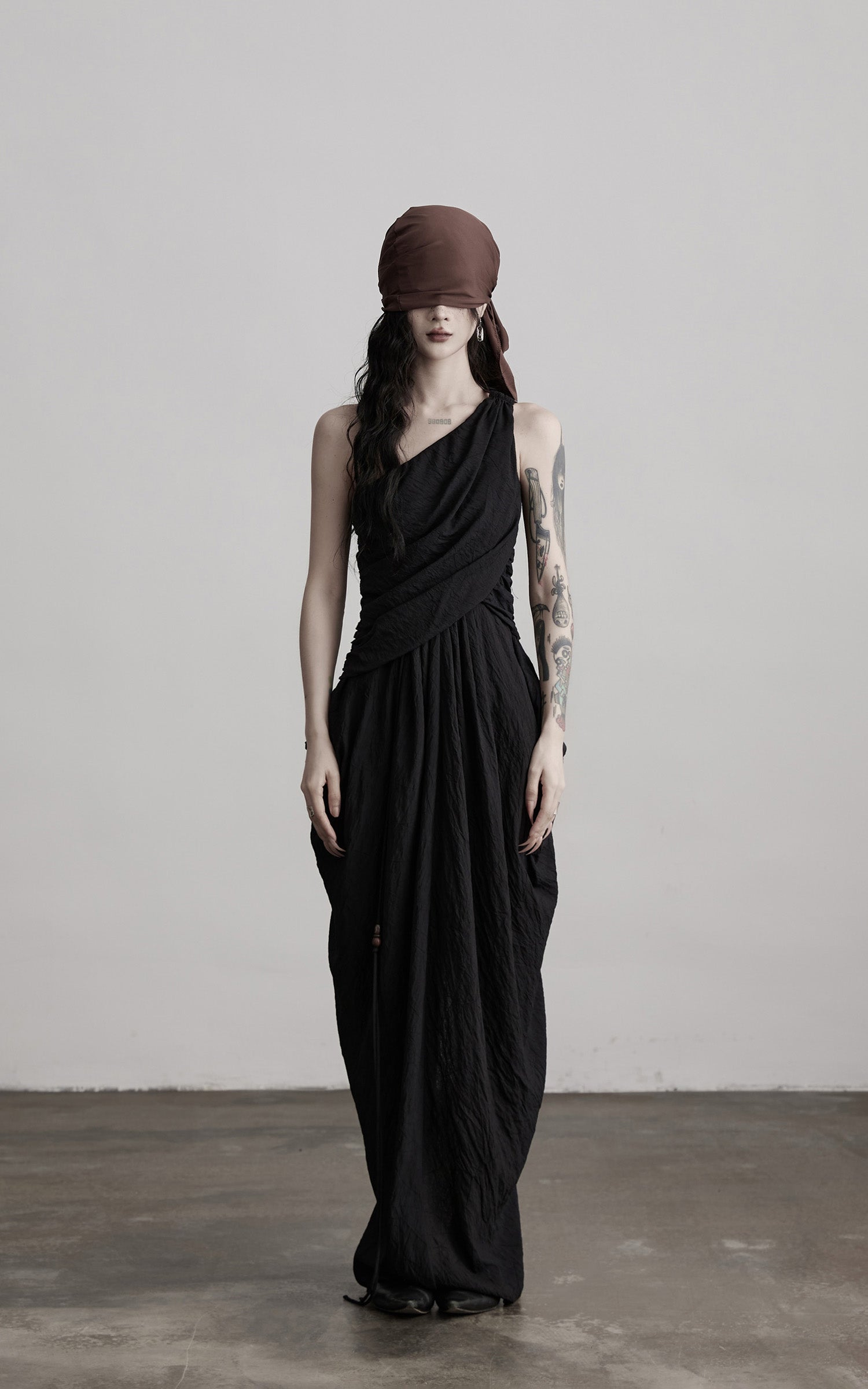 DOINDULGE Asymmetric Draped Maxi Dress with Textured Fabric and Wooden Bead Detail