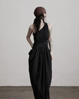 DOINDULGE Asymmetric Draped Maxi Dress with Textured Fabric and Wooden Bead Detail