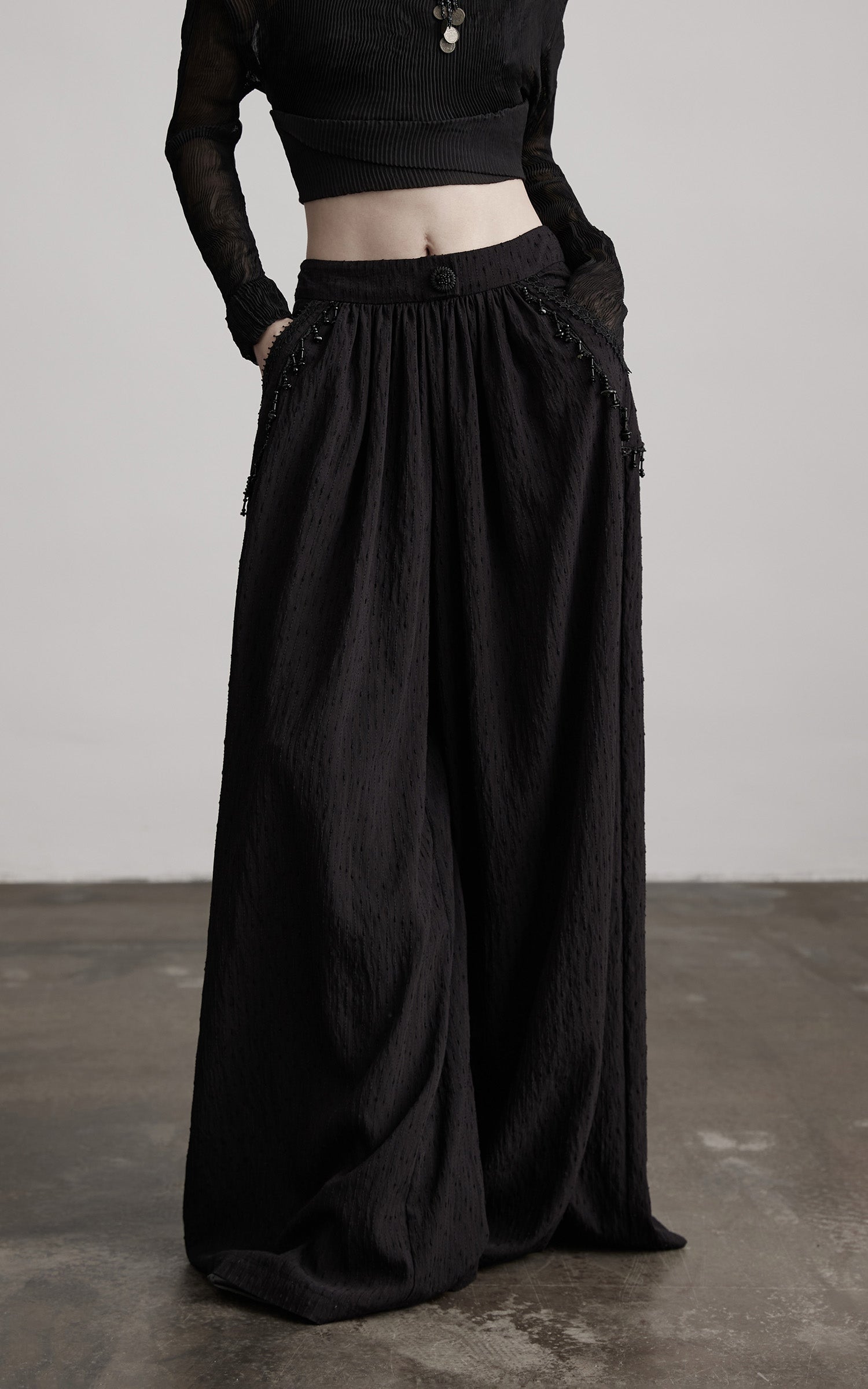 DOINDULGE Beaded Lace Wide Pants