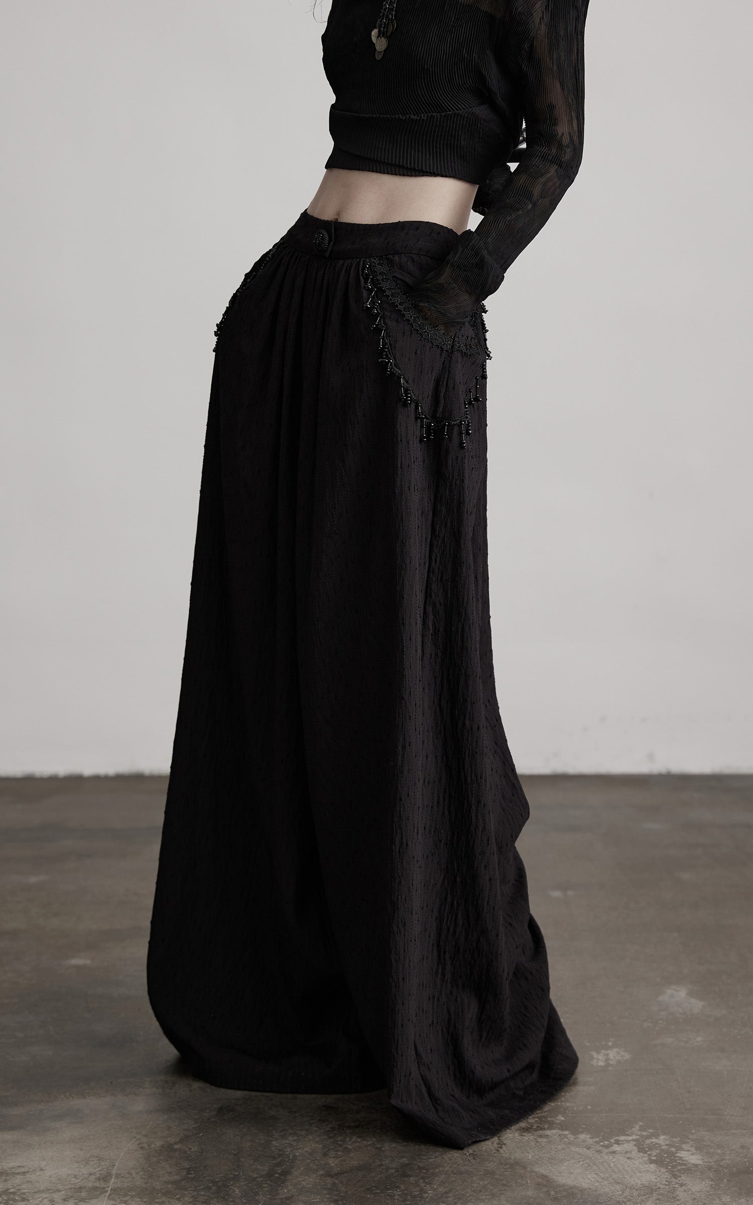 DOINDULGE Beaded Lace Wide Pants