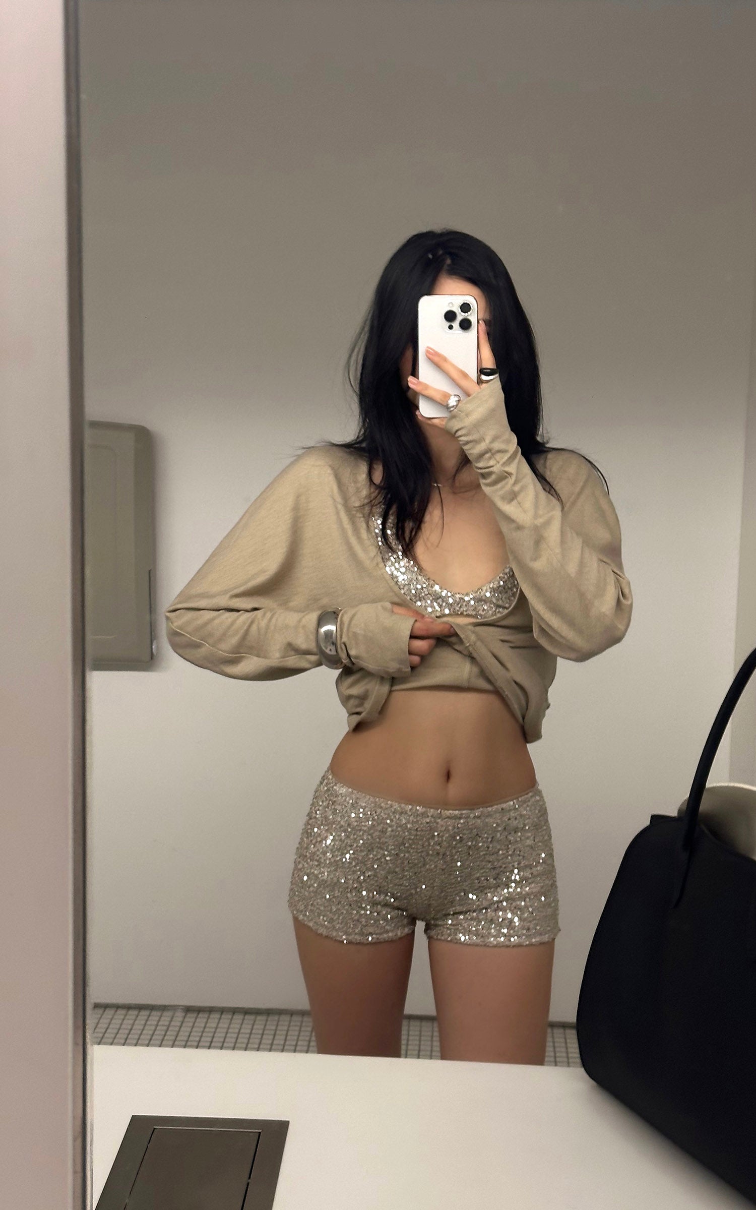 ROVENTE Deep V Knit Top with Sequin Bra and Shorts Set