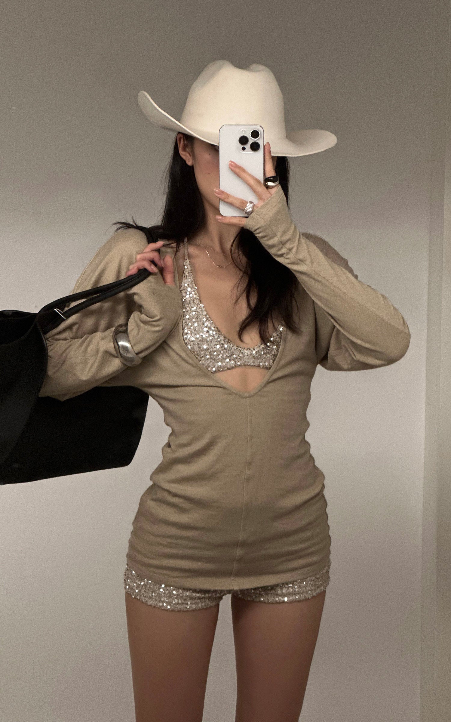 ROVENTE Deep V Knit Top with Sequin Bra and Shorts Set