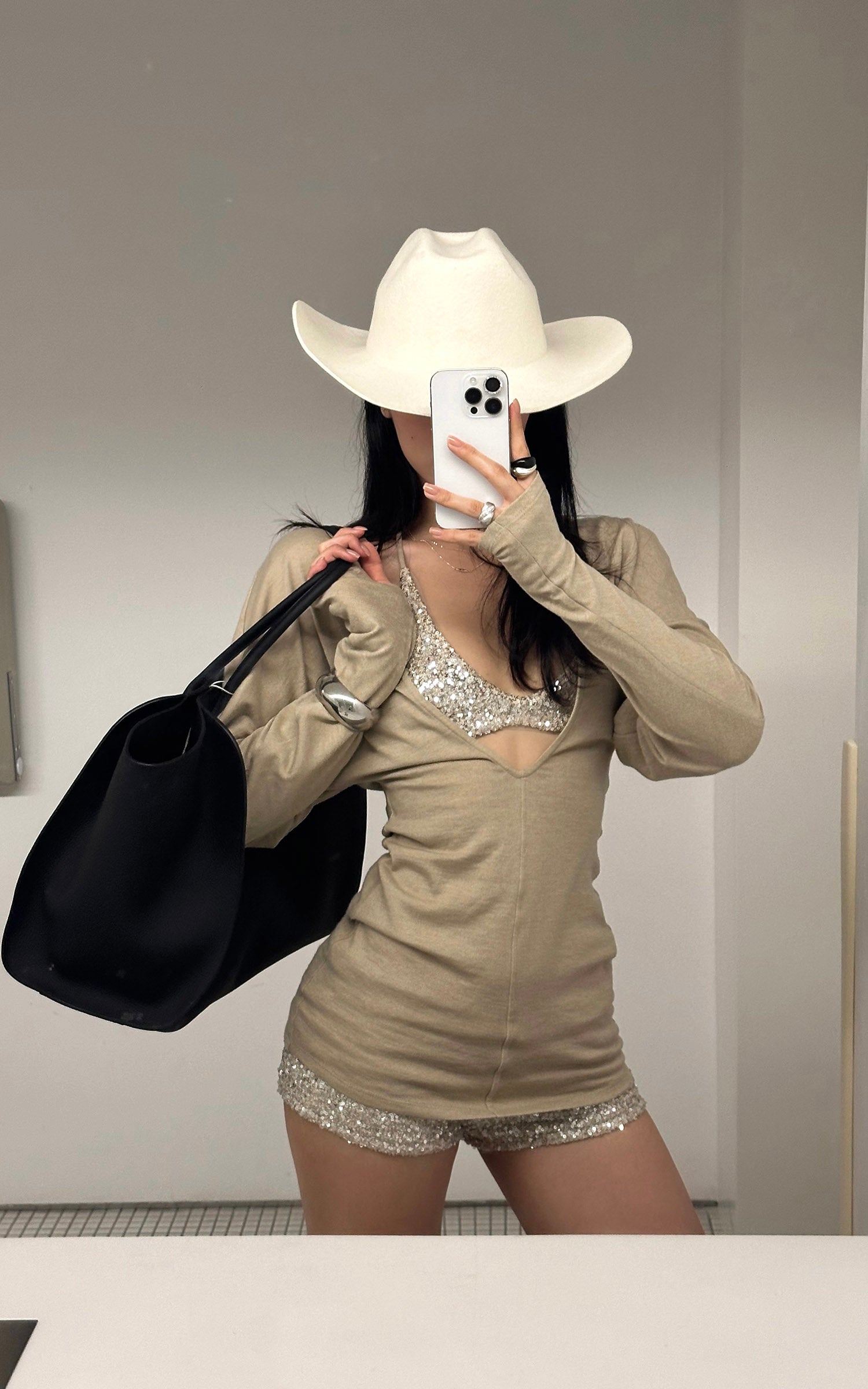 ROVENTE Deep V Knit Top with Sequin Bra and Shorts Set
