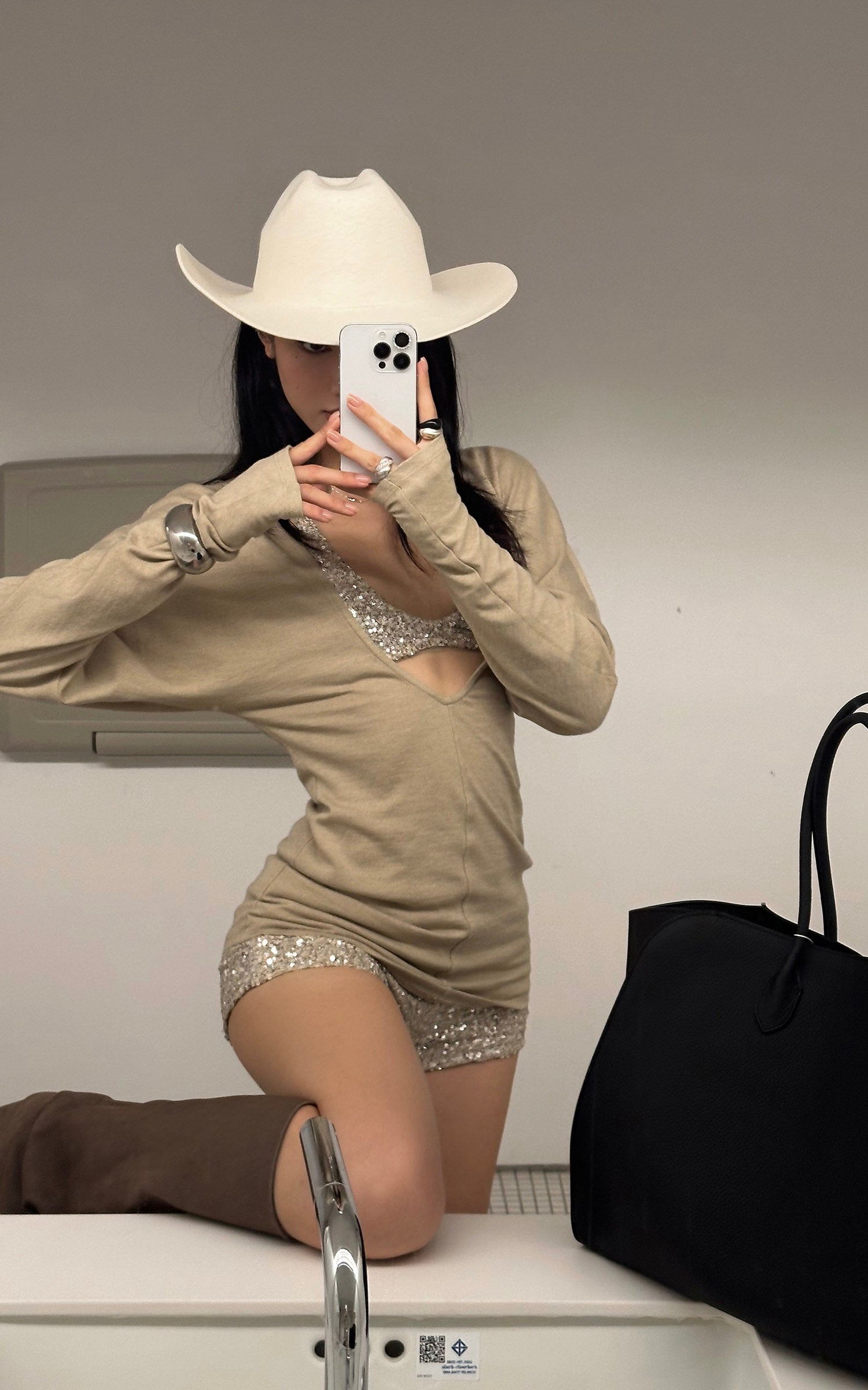 ROVENTE Deep V Knit Top with Sequin Bra and Shorts Set