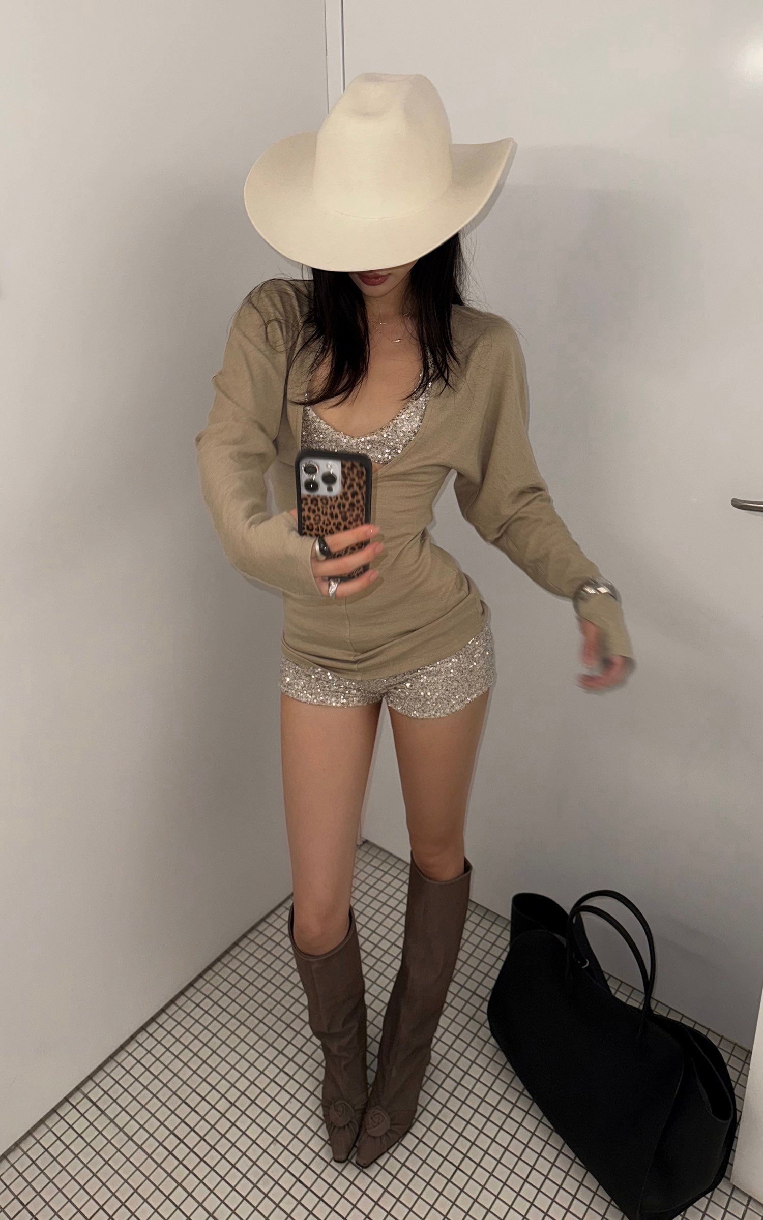 ROVENTE Deep V Knit Top with Sequin Bra and Shorts Set