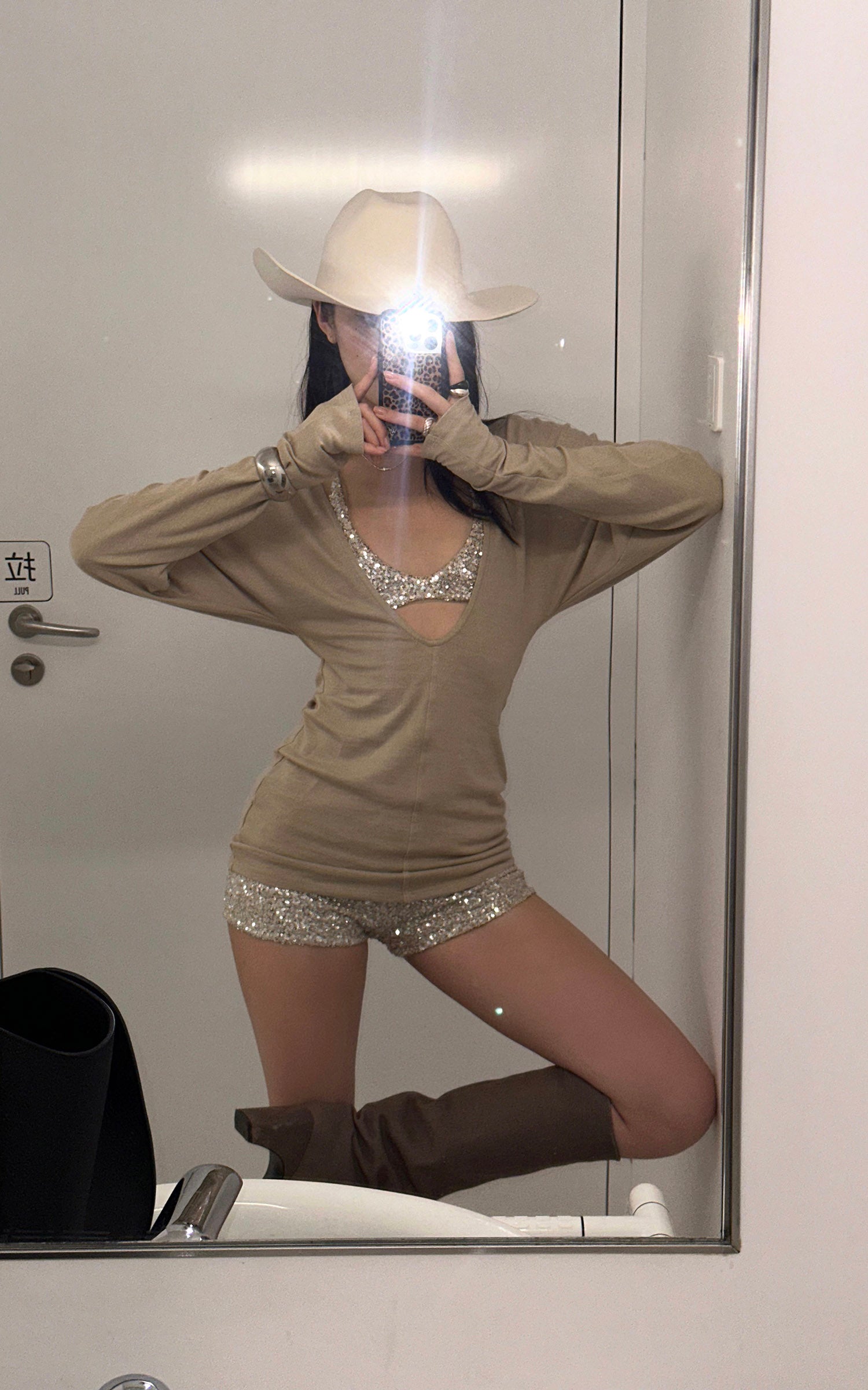 ROVENTE Deep V Knit Top with Sequin Bra and Shorts Set