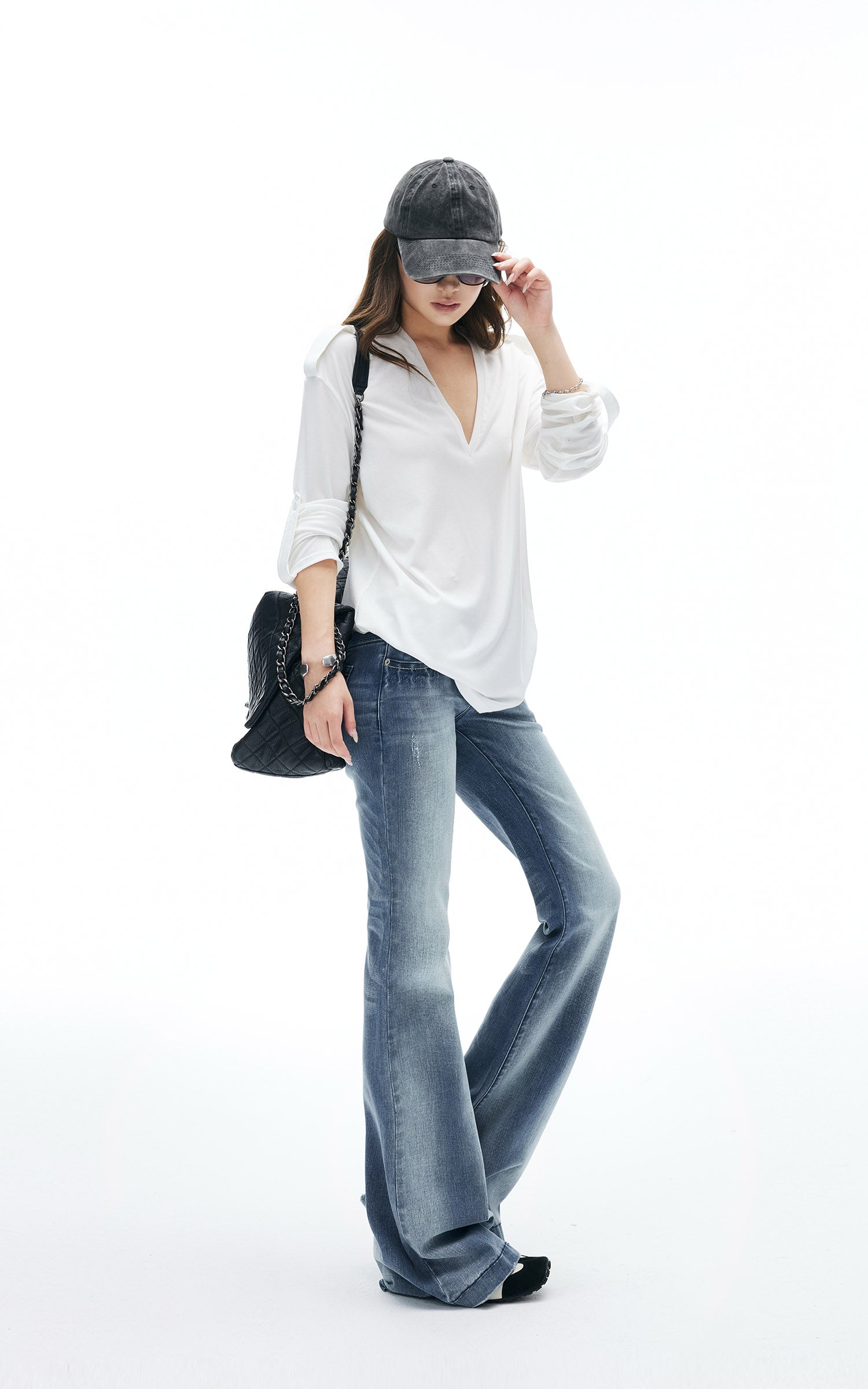 IAMXIAA V Neck Long Sleeve Tee Casual Loose Fit Top