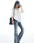 IAMXIAA V Neck Long Sleeve Tee Casual Loose Fit Top