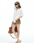 IAMXIAA V Neck Long Sleeve Tee Casual Loose Fit Top