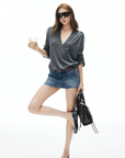 IAMXIAA V Neck Long Sleeve Tee Casual Loose Fit Top