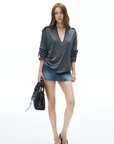IAMXIAA V Neck Long Sleeve Tee Casual Loose Fit Top