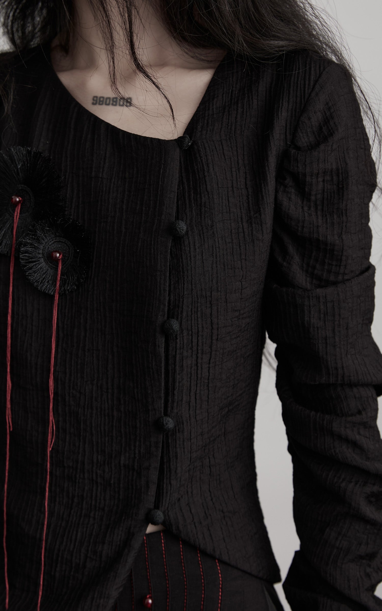 DOINDULGE Textured Long Sleeve Shirt with Draped Details