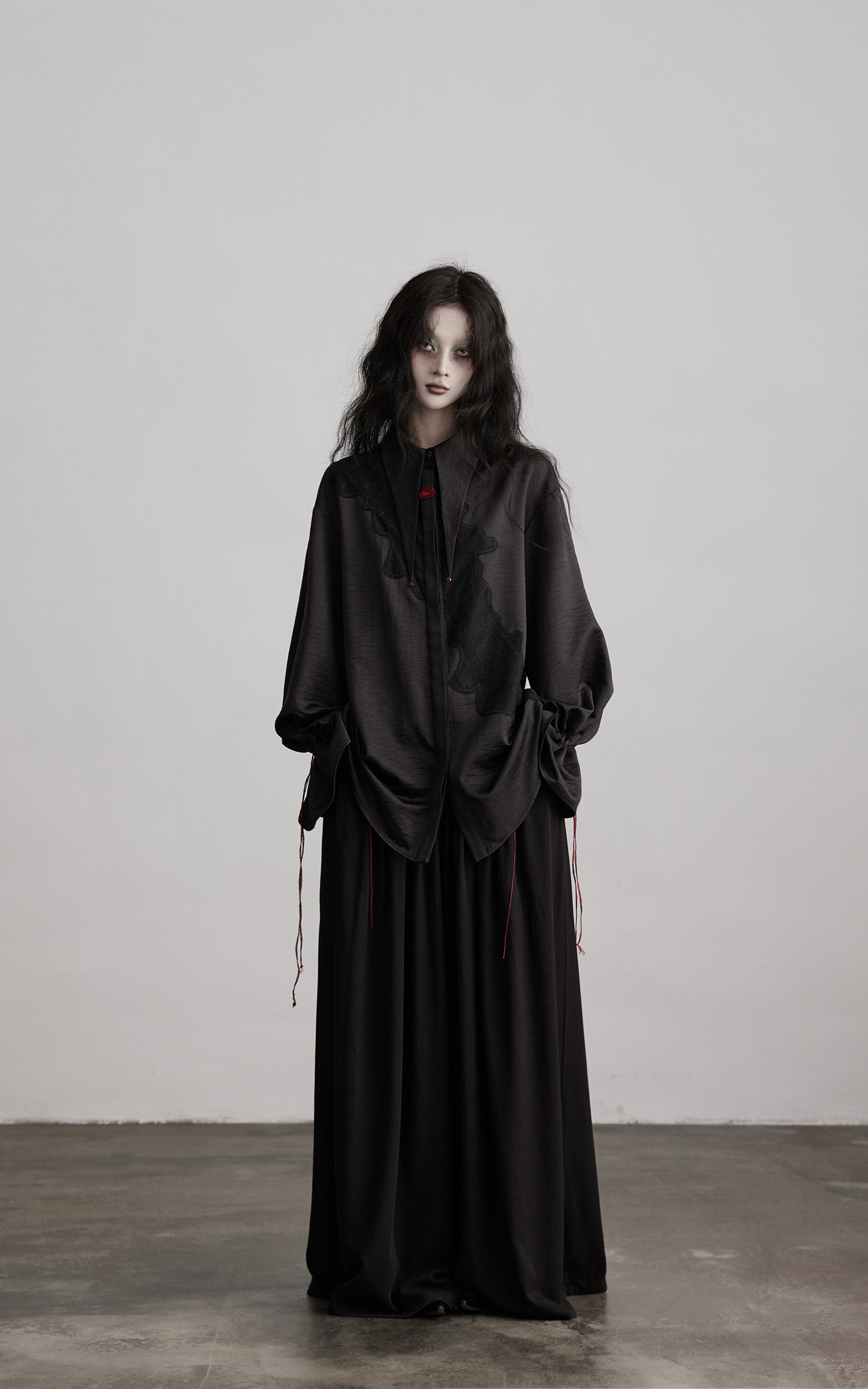 DOINDULGE Asymmetric Textured Shirt with Drawstring Sleeves and Red Accents