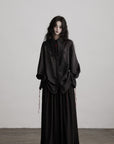 DOINDULGE Asymmetric Textured Shirt with Drawstring Sleeves and Red Accents