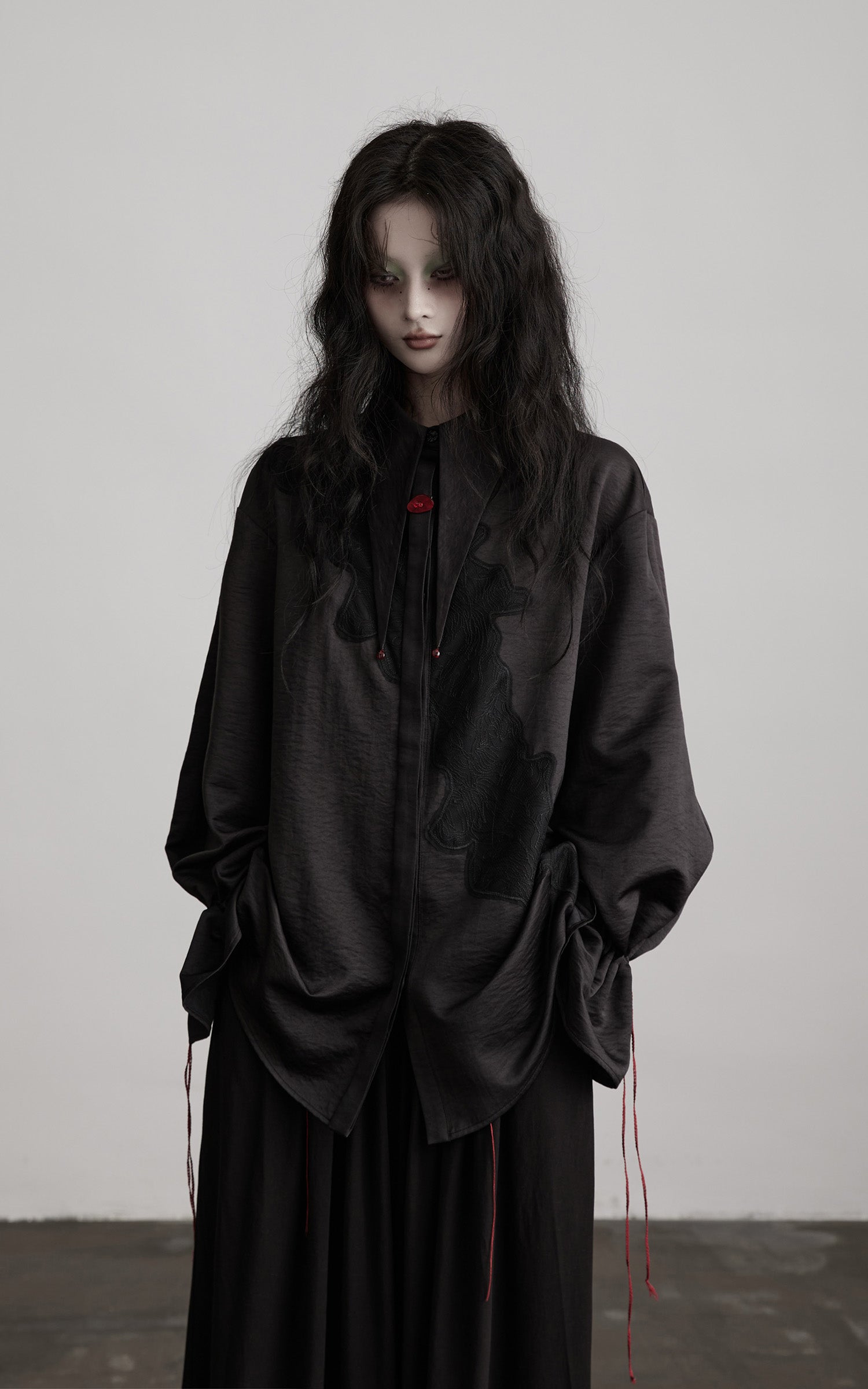DOINDULGE Asymmetric Textured Shirt with Drawstring Sleeves and Red Accents