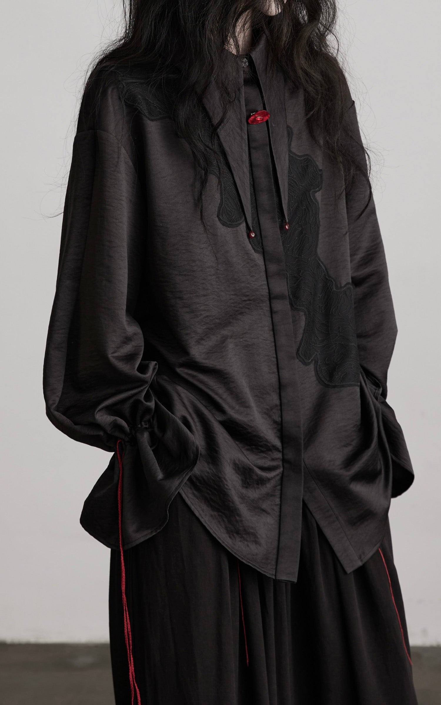 DOINDULGE Asymmetric Textured Shirt with Drawstring Sleeves and Red Accents