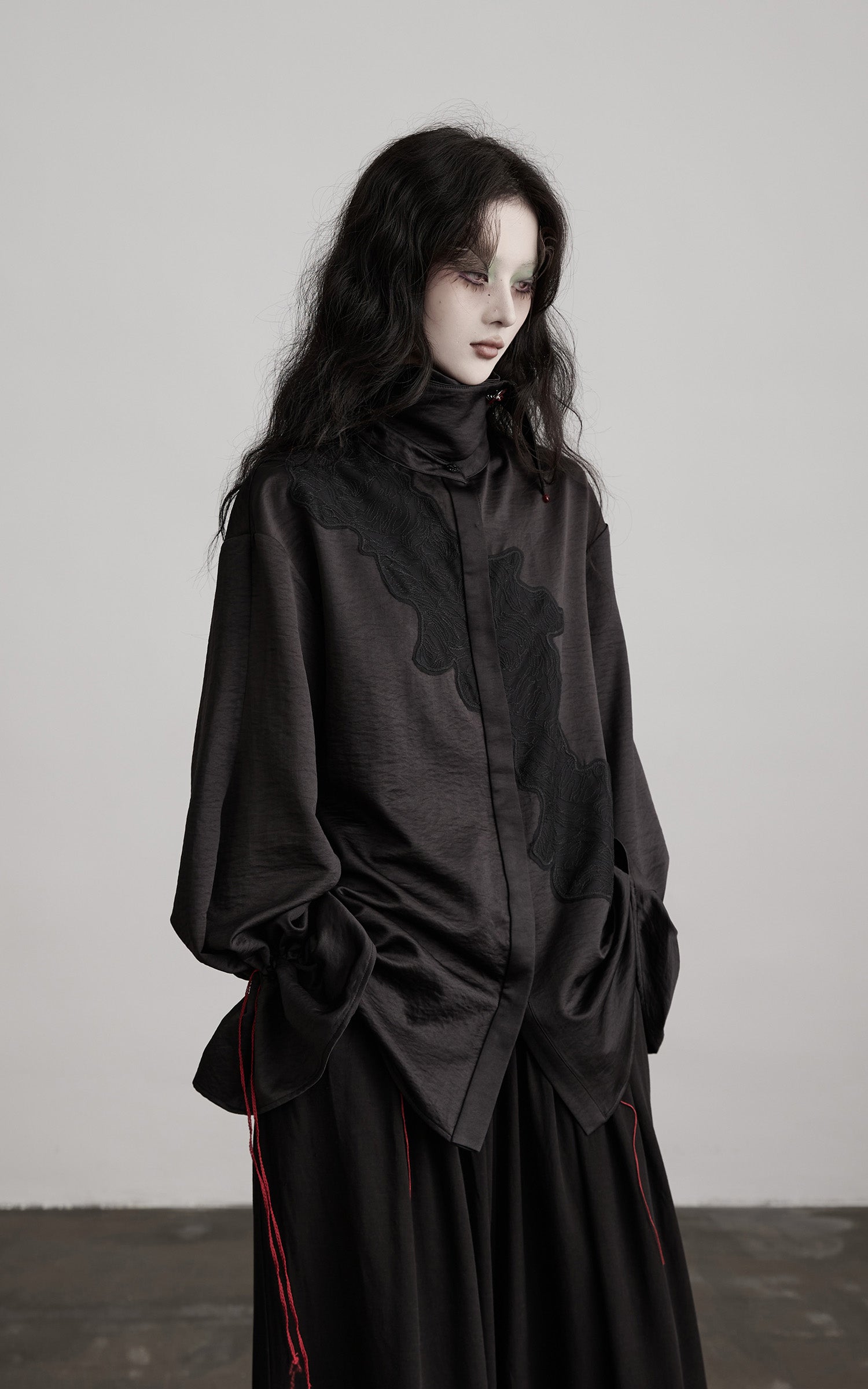 DOINDULGE Asymmetric Textured Shirt with Drawstring Sleeves and Red Accents