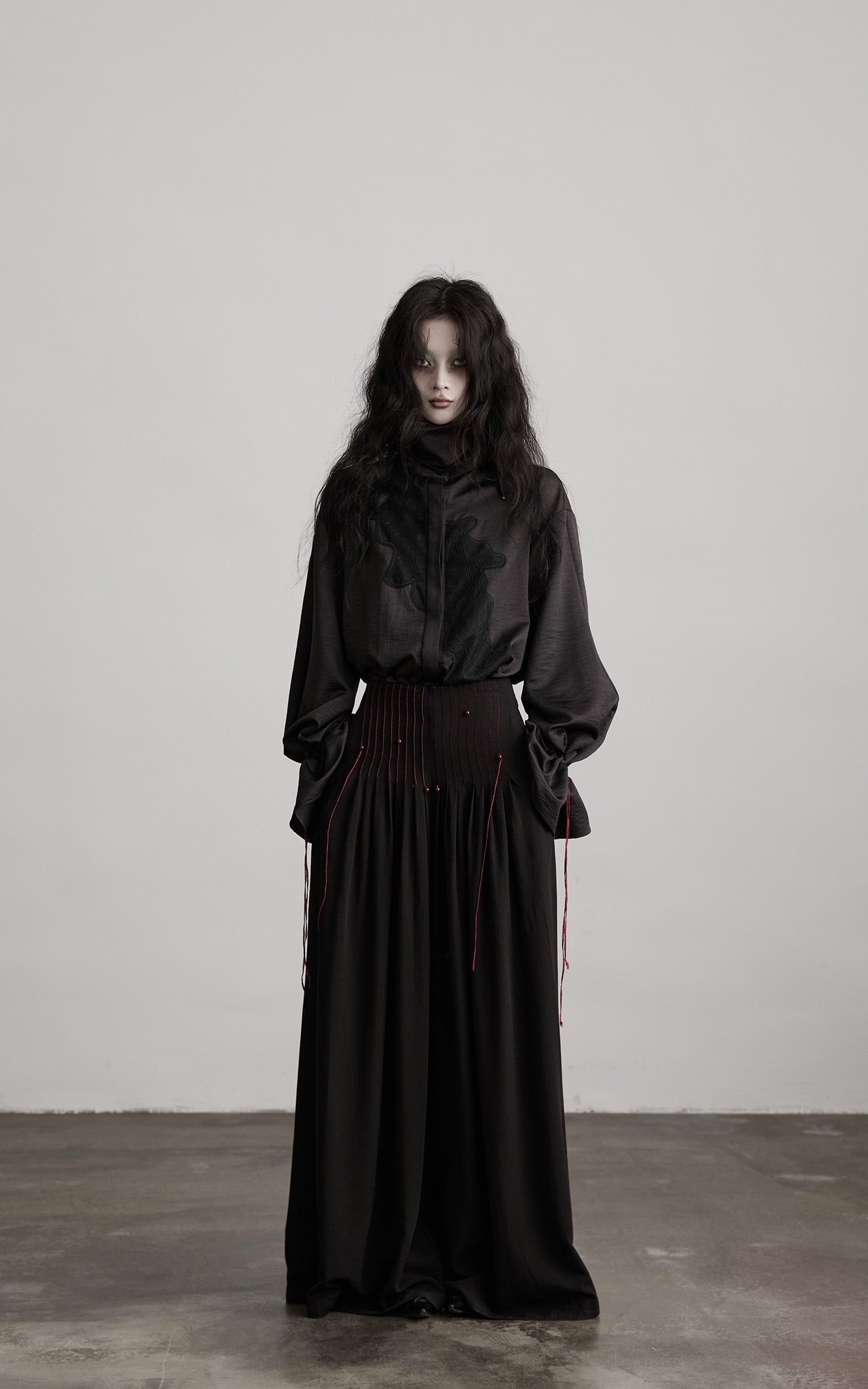 DOINDULGE Asymmetric Textured Shirt with Drawstring Sleeves and Red Accents