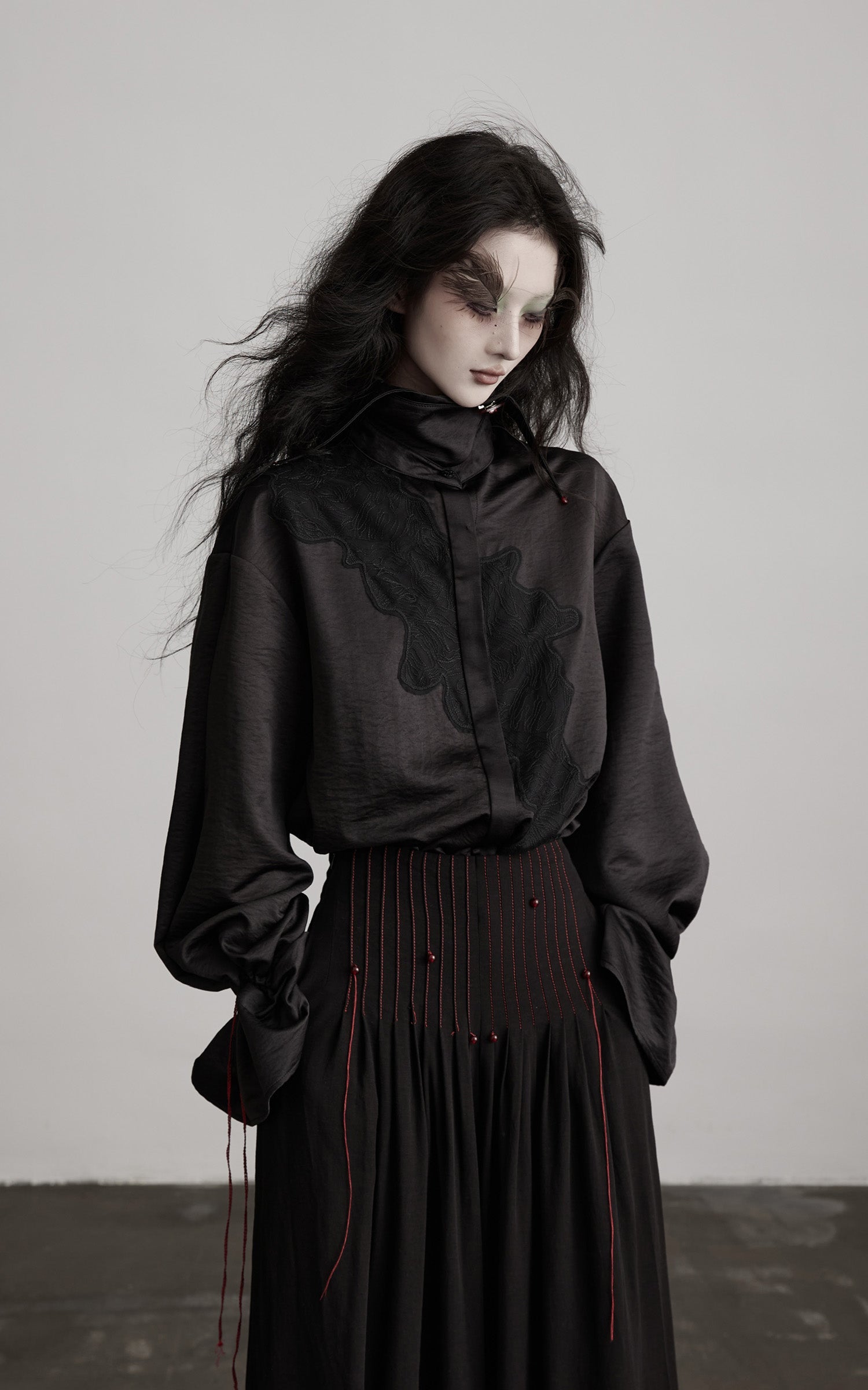 DOINDULGE Asymmetric Textured Shirt with Drawstring Sleeves and Red Accents