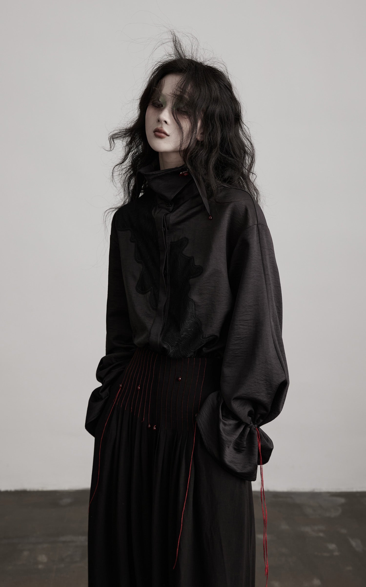 DOINDULGE Asymmetric Textured Shirt with Drawstring Sleeves and Red Accents