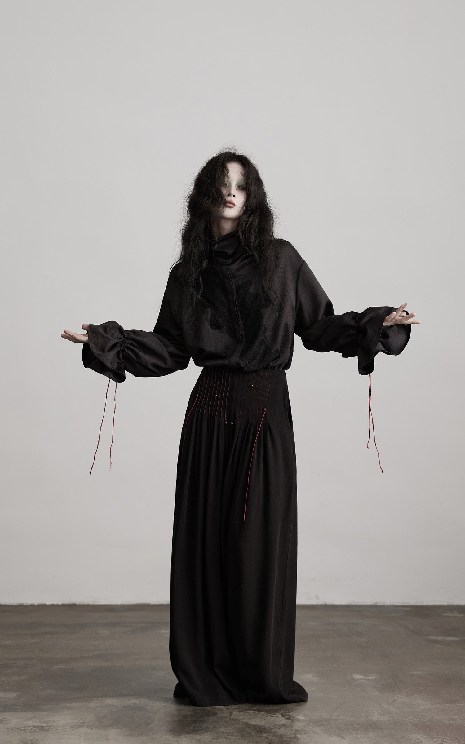 DOINDULGE Asymmetric Textured Shirt with Drawstring Sleeves and Red Accents