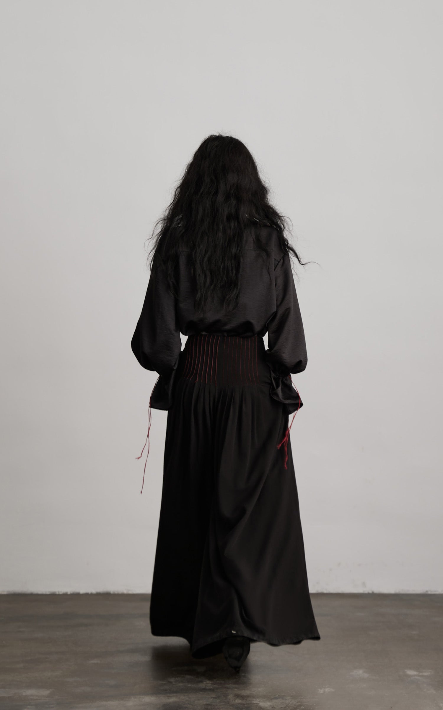 DOINDULGE Asymmetric Textured Shirt with Drawstring Sleeves and Red Accents