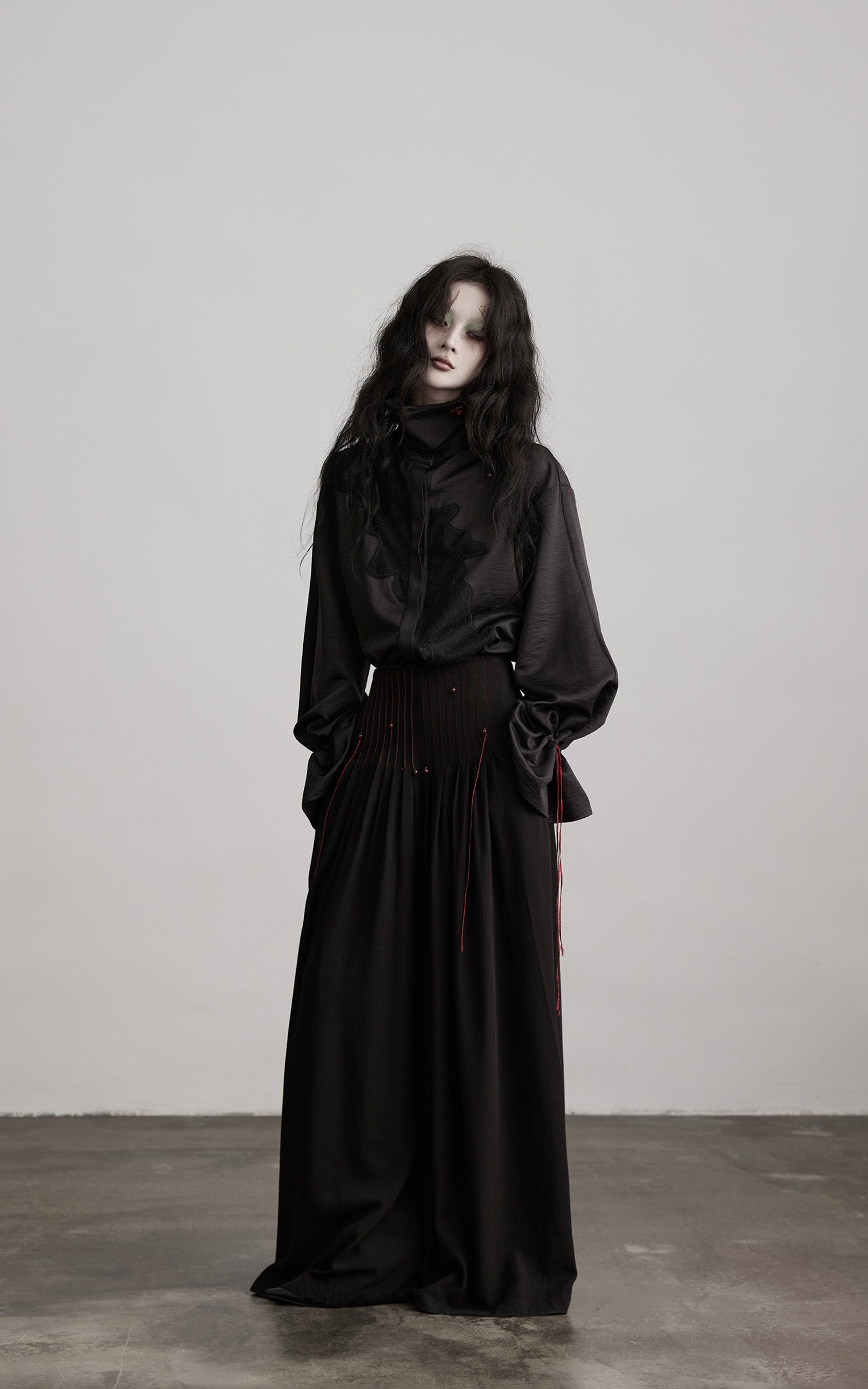 DOINDULGE Asymmetric Textured Shirt with Drawstring Sleeves and Red Accents