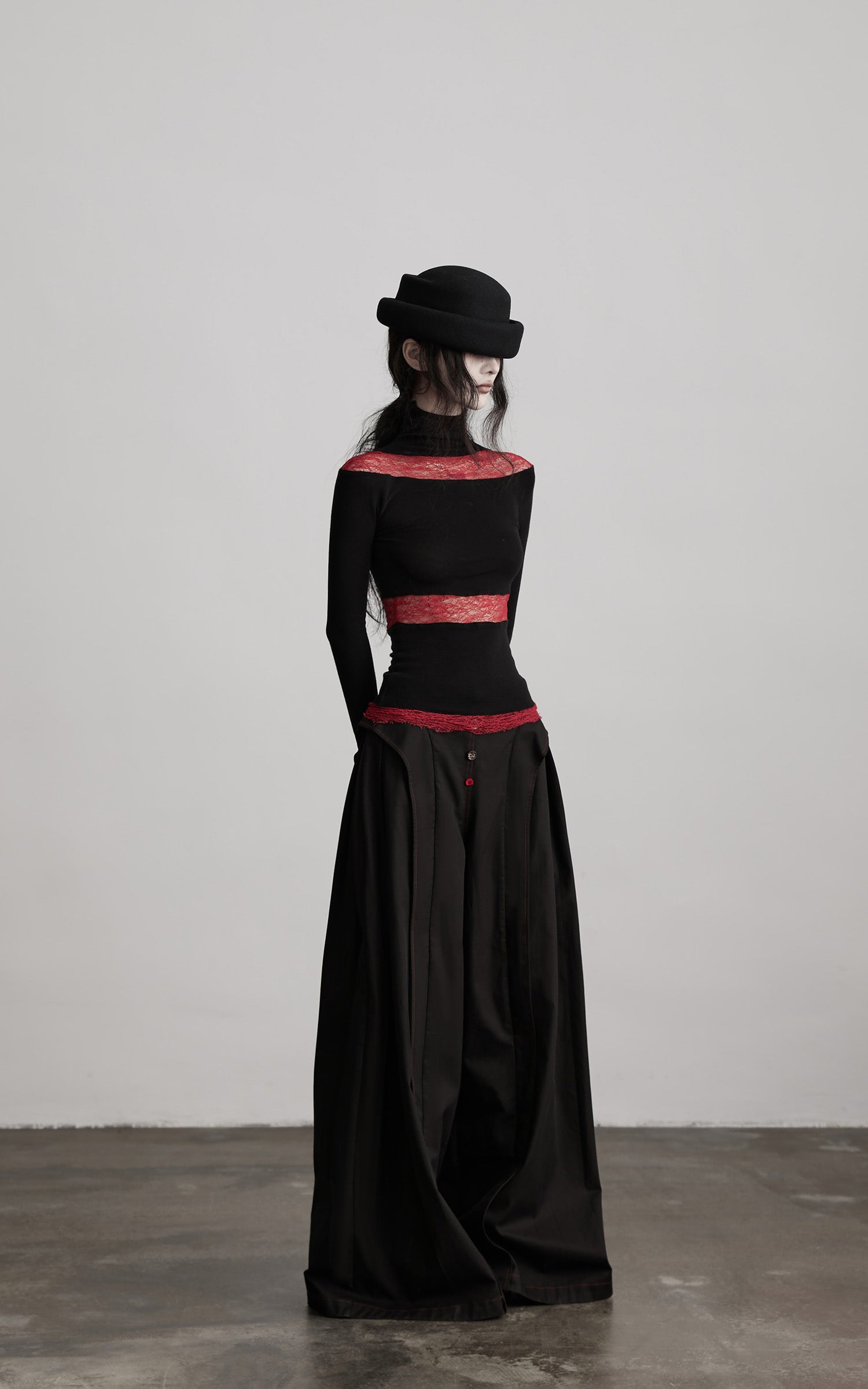 DOINDULGE Sheer Lace Paneled Long Sleeve Top